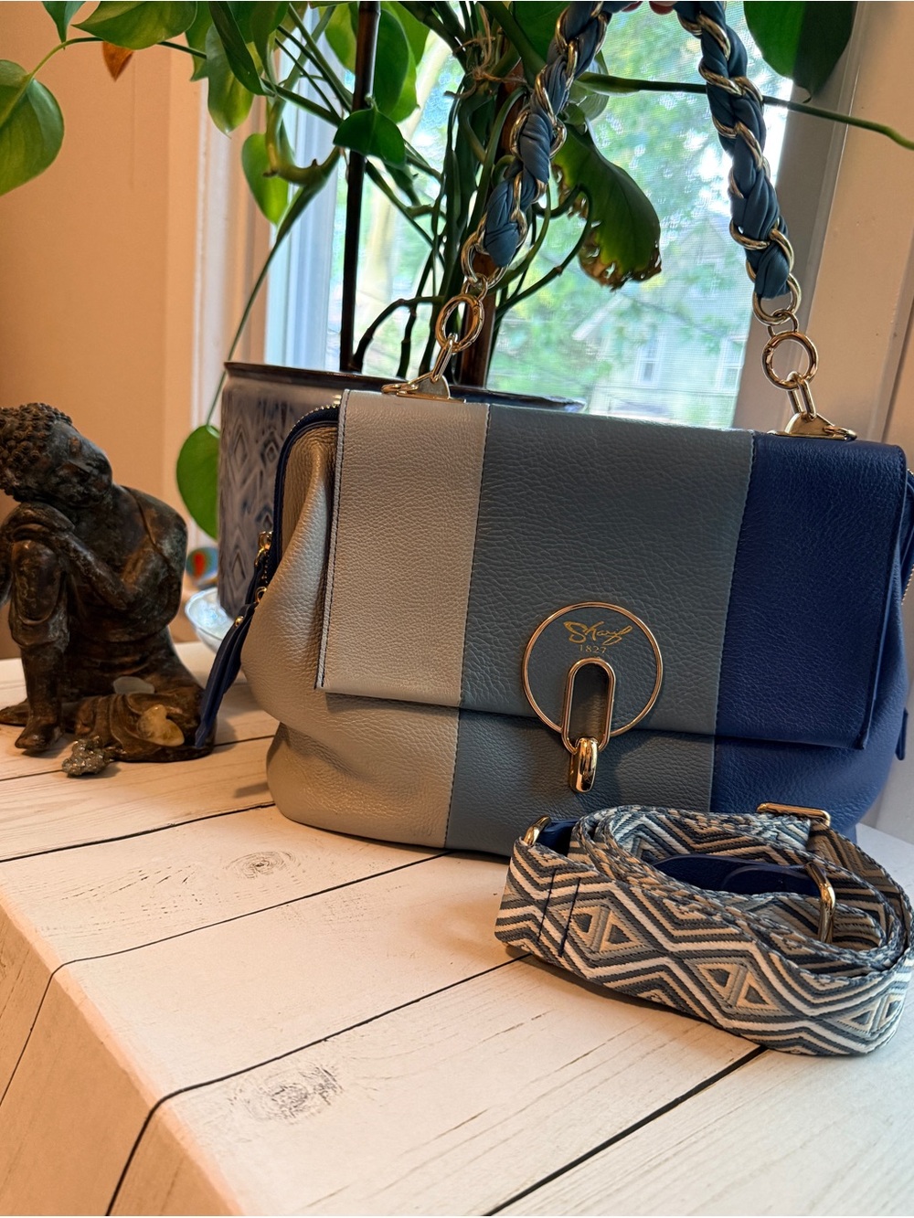 Sharif | Blue and Gray Leather Colorblock Flap Shoulder/Crossbody Bag
